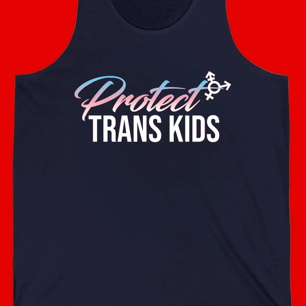 Protect trans kids design with blue-to-pink gradient text, transgender symbol, and bold typography supporting trans youth