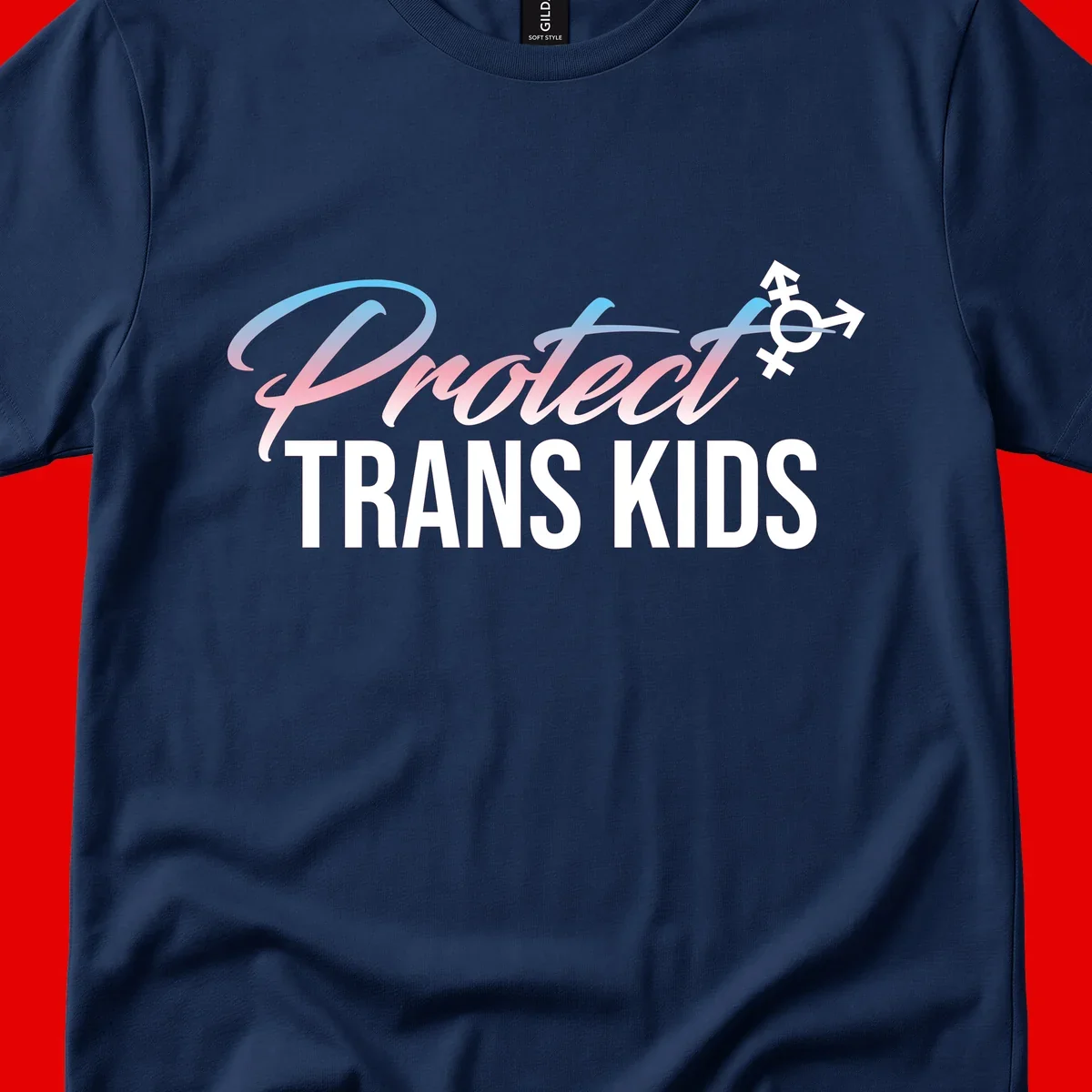 Protect trans kids design with blue-to-pink gradient text, transgender symbol, and bold typography supporting trans youth