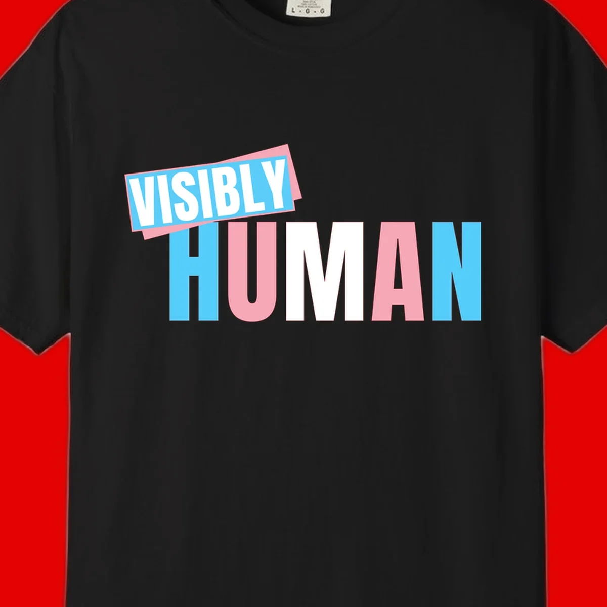 Bold typography design reading 'VISIBLY HUMAN' in cyan, pink, and white letters with diagonal 'VISIBLY' banner overlay on gray background