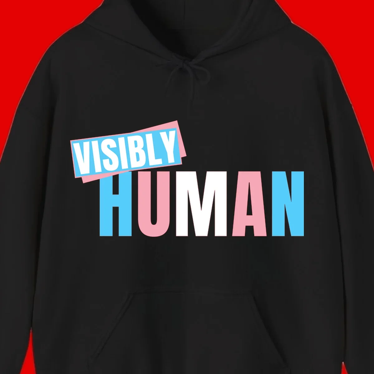 Bold typography design reading 'VISIBLY HUMAN' in cyan, pink, and white letters with diagonal 'VISIBLY' banner overlay on gray background
