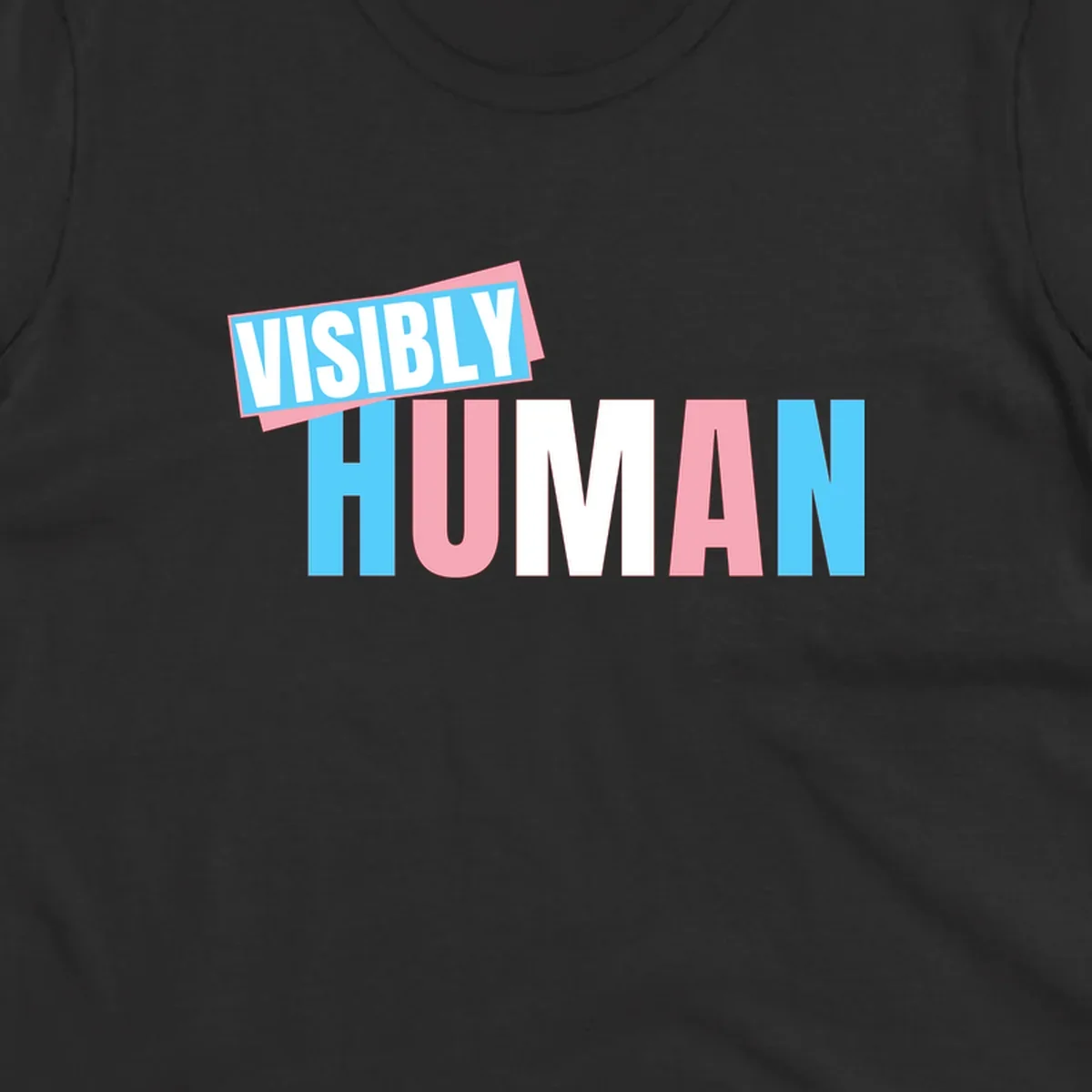 Bold typography design reading 'VISIBLY HUMAN' in cyan, pink, and white letters with diagonal 'VISIBLY' banner overlay on gray background