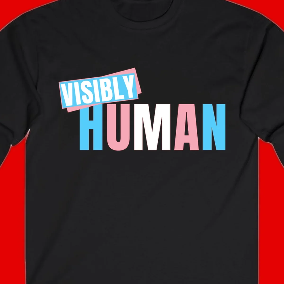 Bold typography design reading 'VISIBLY HUMAN' in cyan, pink, and white letters with diagonal 'VISIBLY' banner overlay on gray background