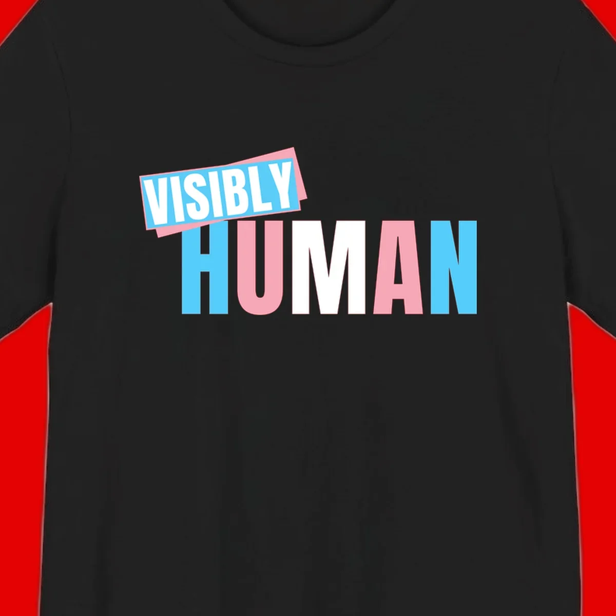 Bold typography design reading 'VISIBLY HUMAN' in cyan, pink, and white letters with diagonal 'VISIBLY' banner overlay on gray background