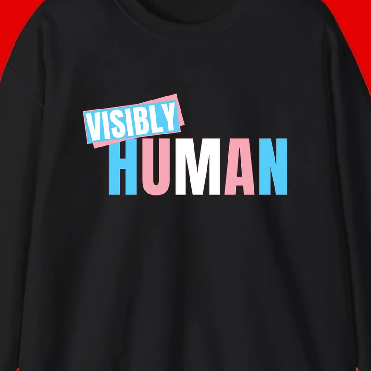 Bold typography design reading 'VISIBLY HUMAN' in cyan, pink, and white letters with diagonal 'VISIBLY' banner overlay on gray background