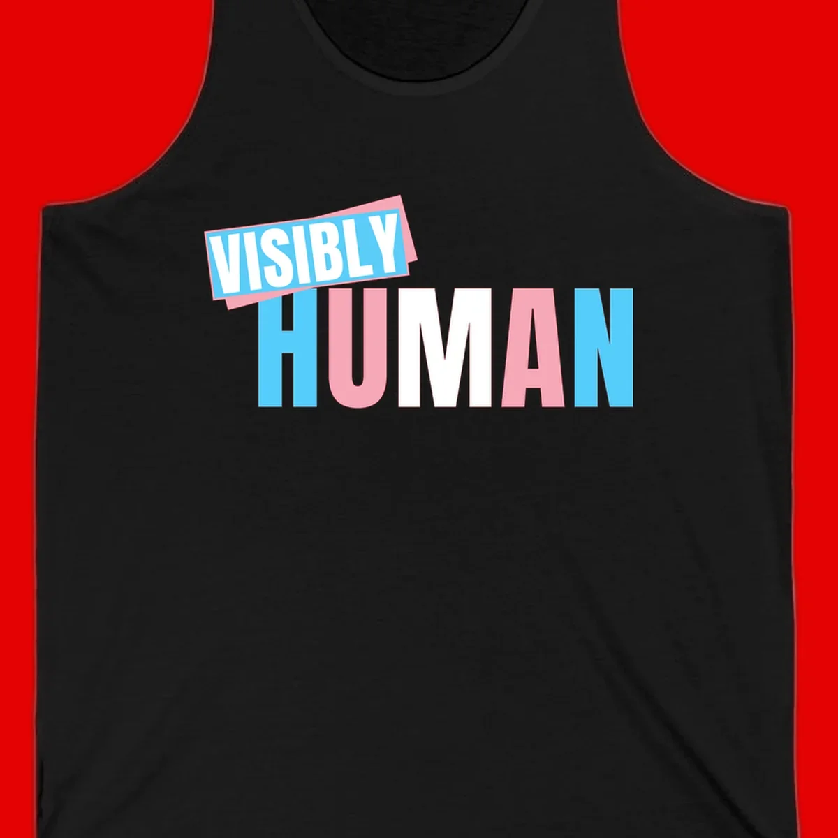 Bold typography design reading 'VISIBLY HUMAN' in cyan, pink, and white letters with diagonal 'VISIBLY' banner overlay on gray background