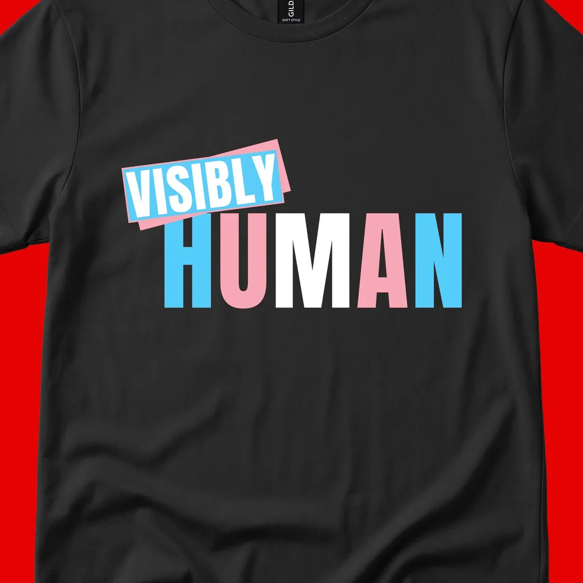 Bold typography design reading 'VISIBLY HUMAN' in cyan, pink, and white letters with diagonal 'VISIBLY' banner overlay on gray background