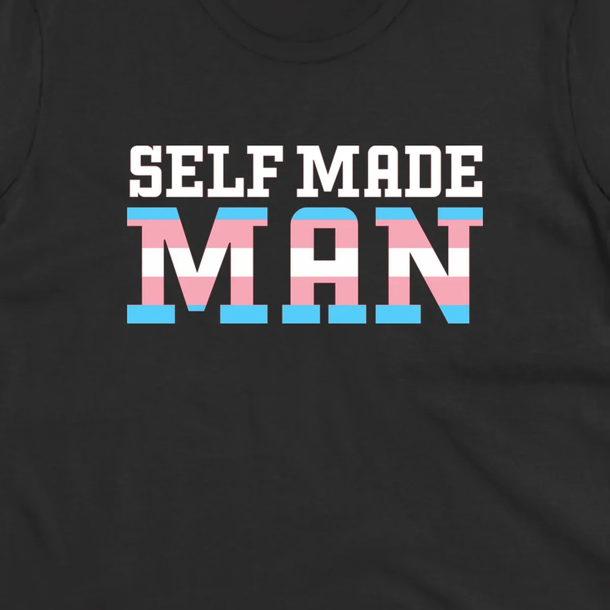 Bold 'Self Made' text filled with transgender pride flag stripes in blue, pink, and white on gray background