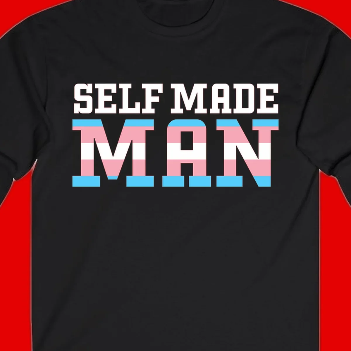 Bold 'Self Made' text filled with transgender pride flag stripes in blue, pink, and white on gray background