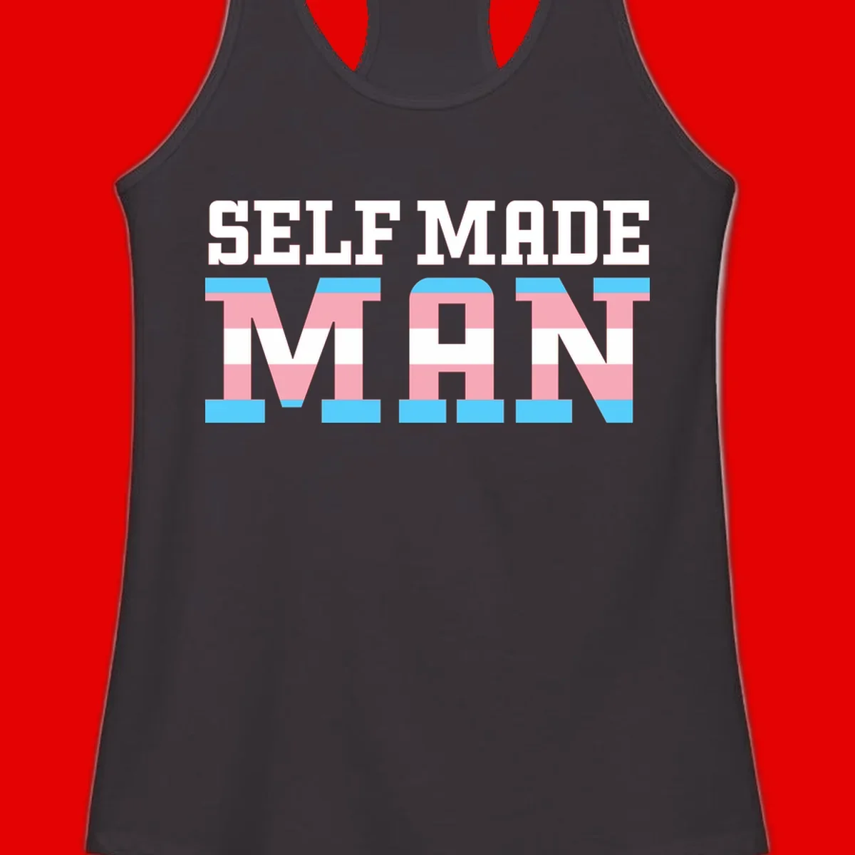 Bold 'Self Made' text filled with transgender pride flag stripes in blue, pink, and white on gray background