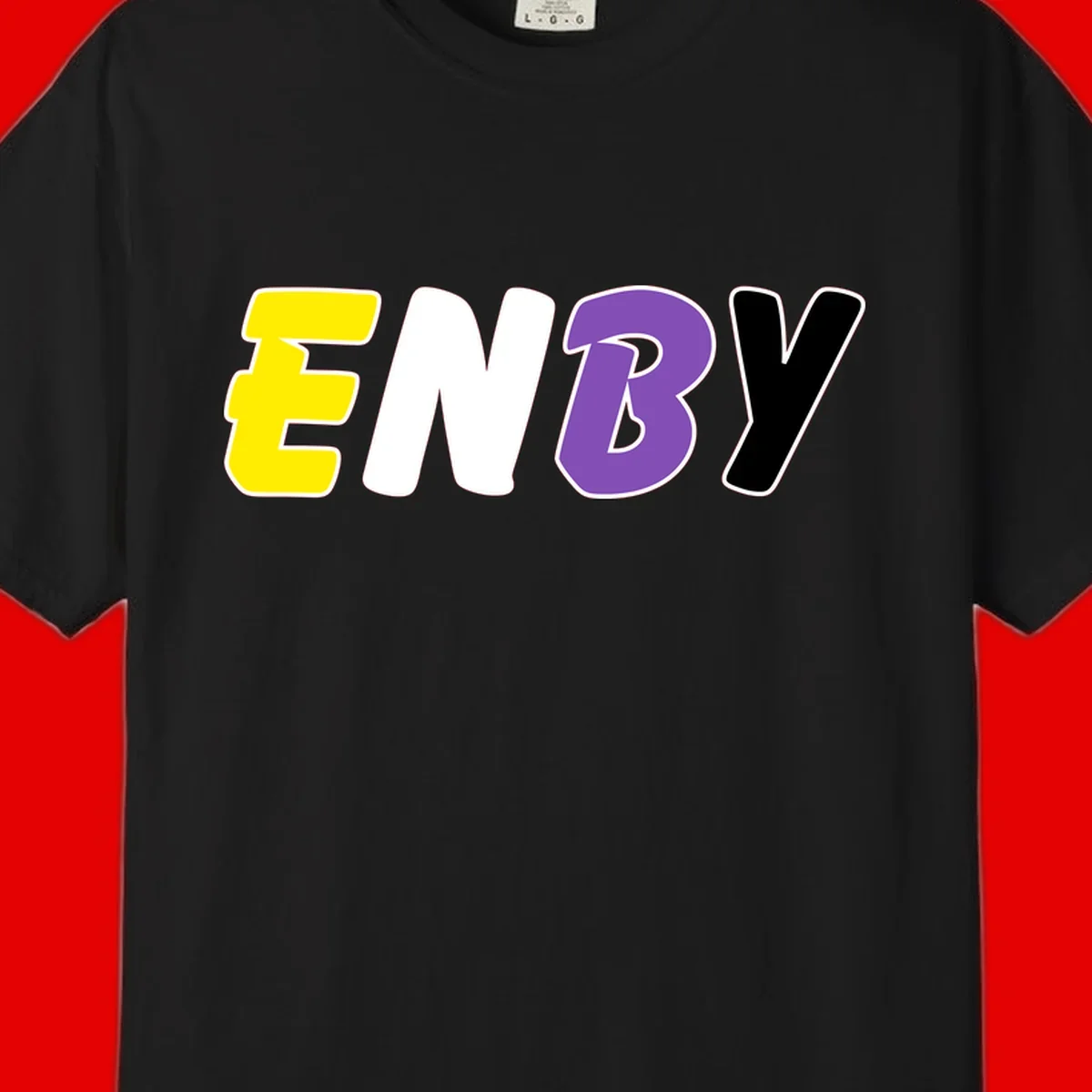 Colorful enjoy-three-seven-pride design with bold yellow, white, purple, and black letters on gray background