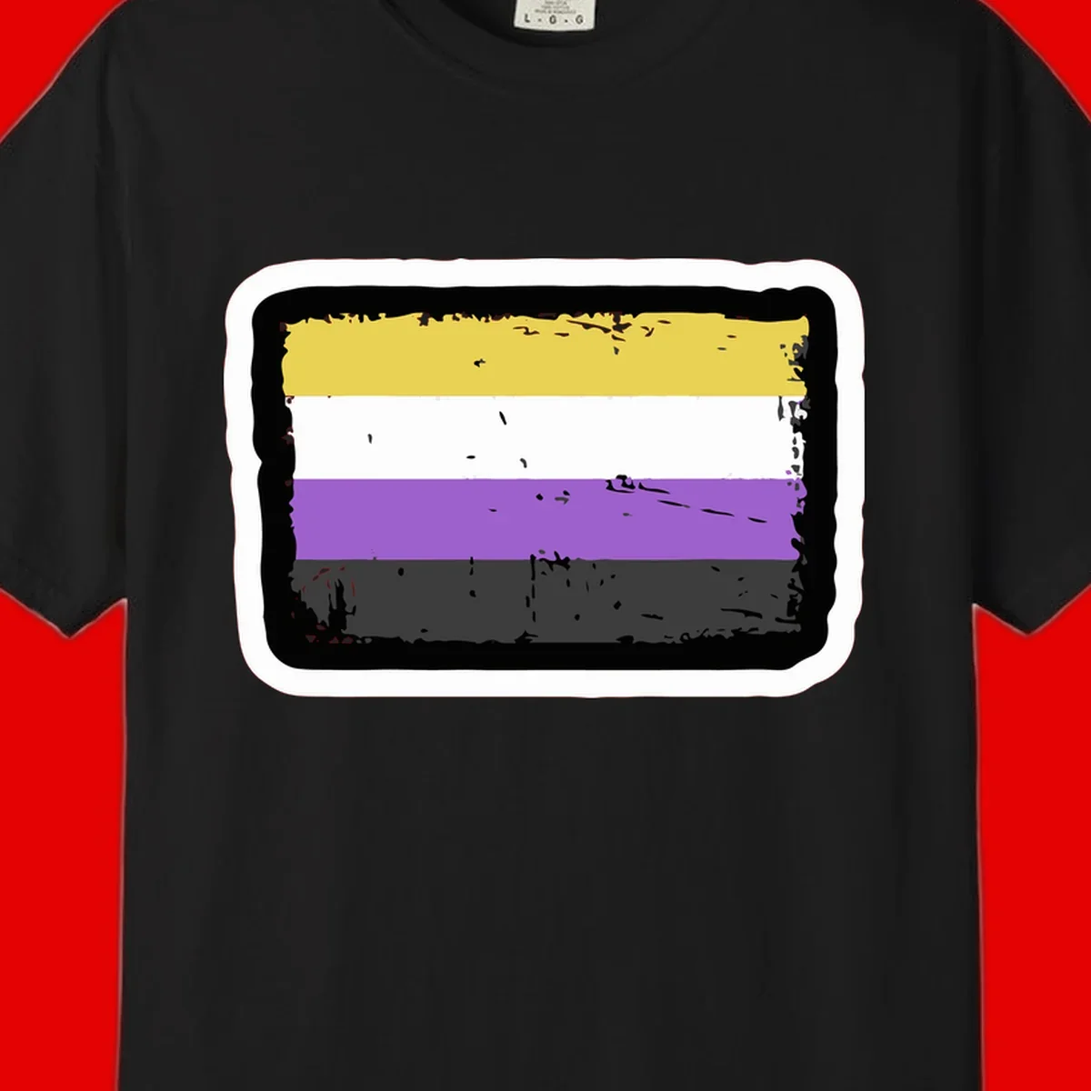 Nonbinary pride flag design with yellow, white, purple, and gray horizontal stripes in distressed grunge style