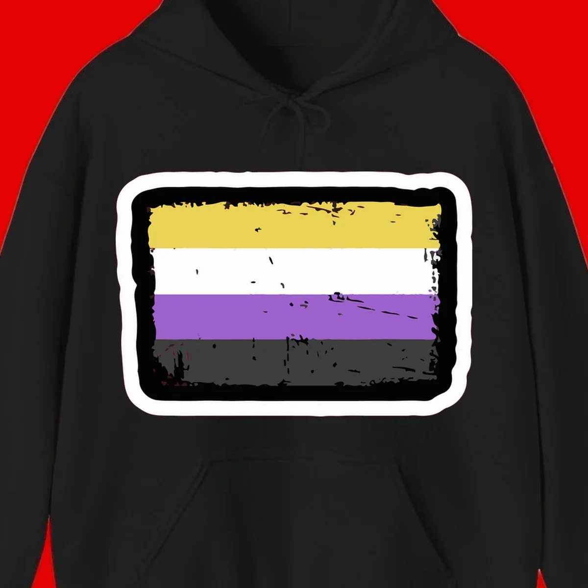 Nonbinary pride flag design with yellow, white, purple, and gray horizontal stripes in distressed grunge style