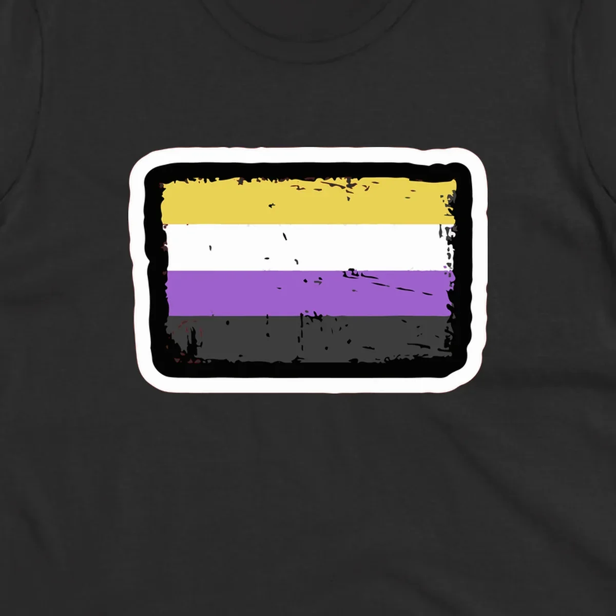 Nonbinary pride flag design with yellow, white, purple, and gray horizontal stripes in distressed grunge style