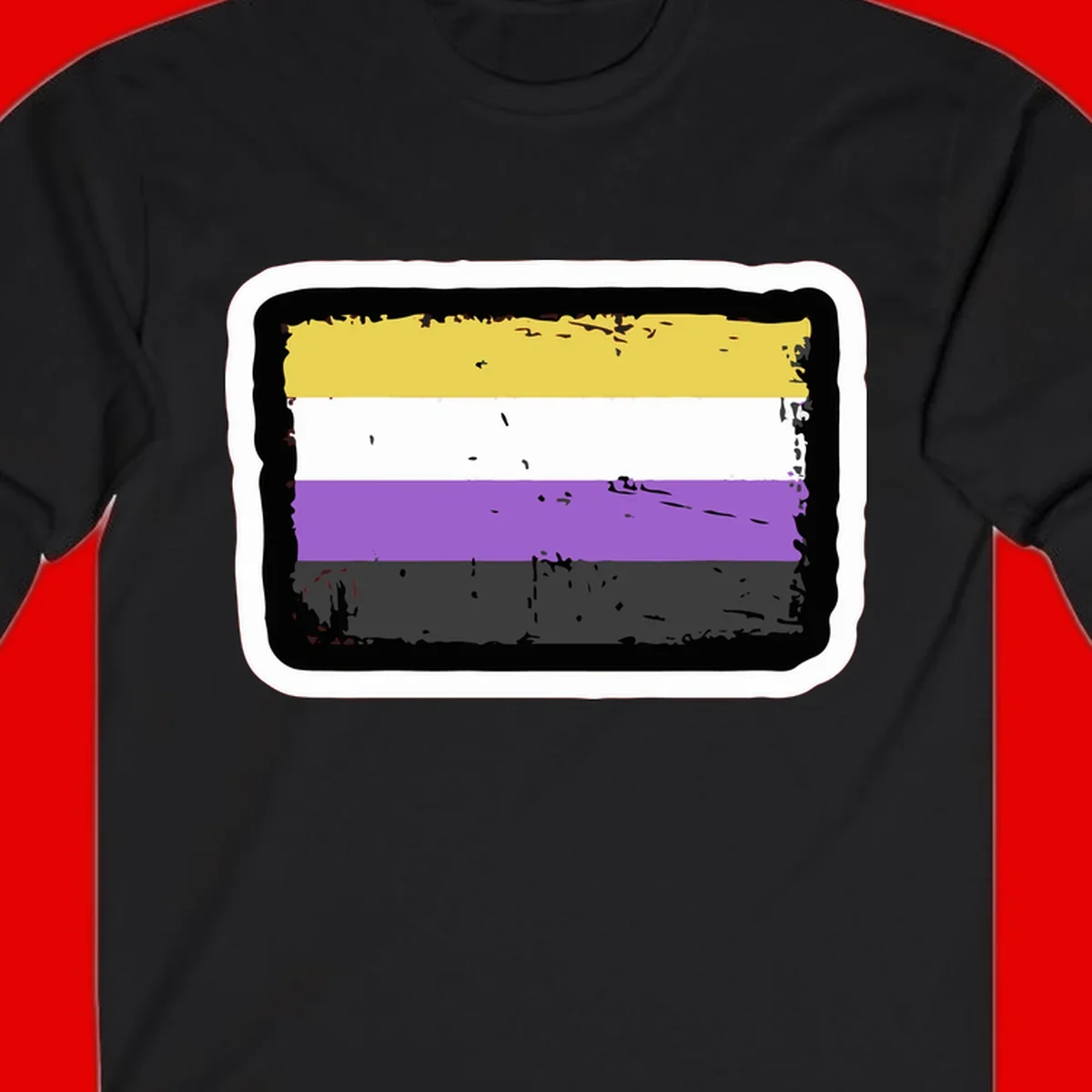 Nonbinary pride flag design with yellow, white, purple, and gray horizontal stripes in distressed grunge style