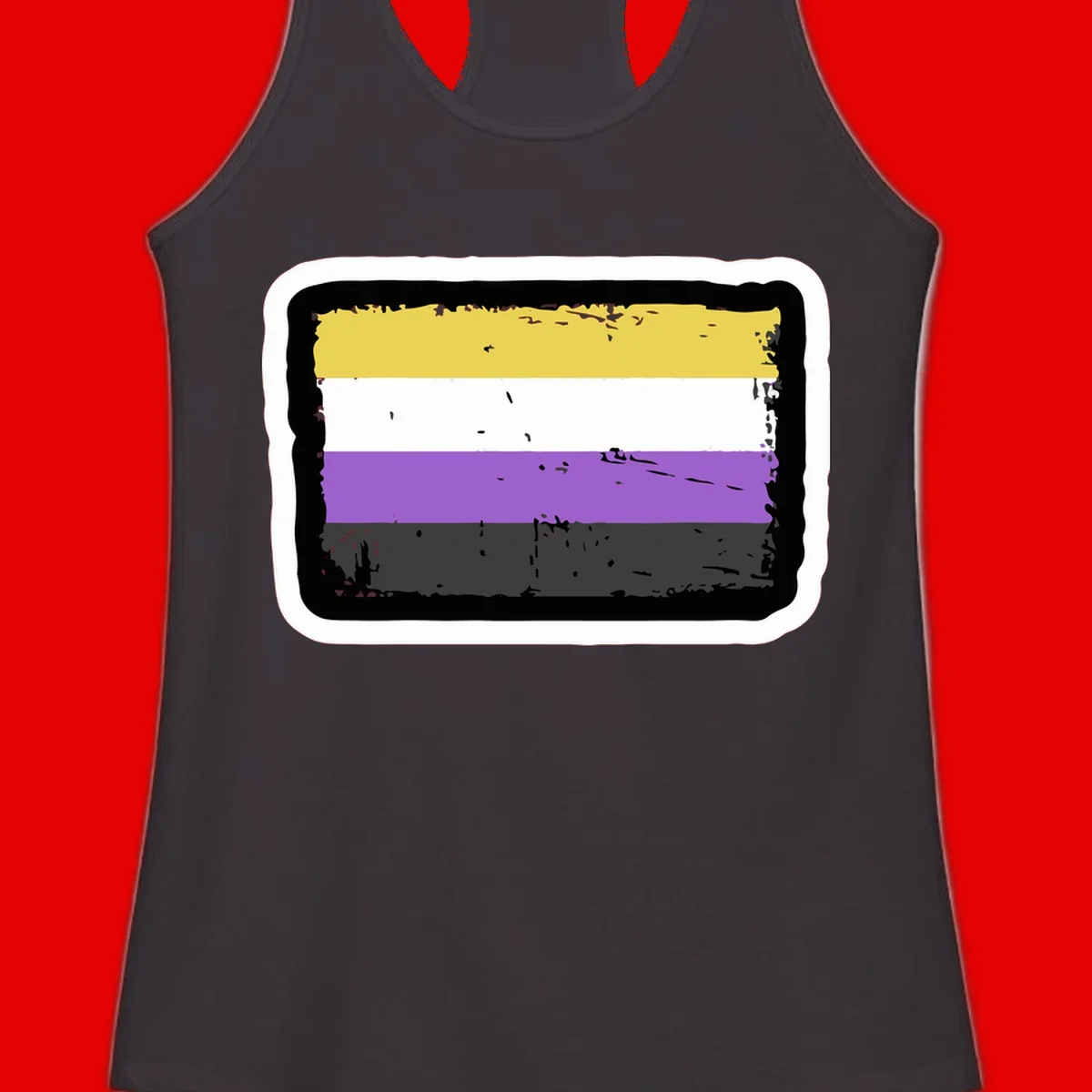 Nonbinary pride flag design with yellow, white, purple, and gray horizontal stripes in distressed grunge style