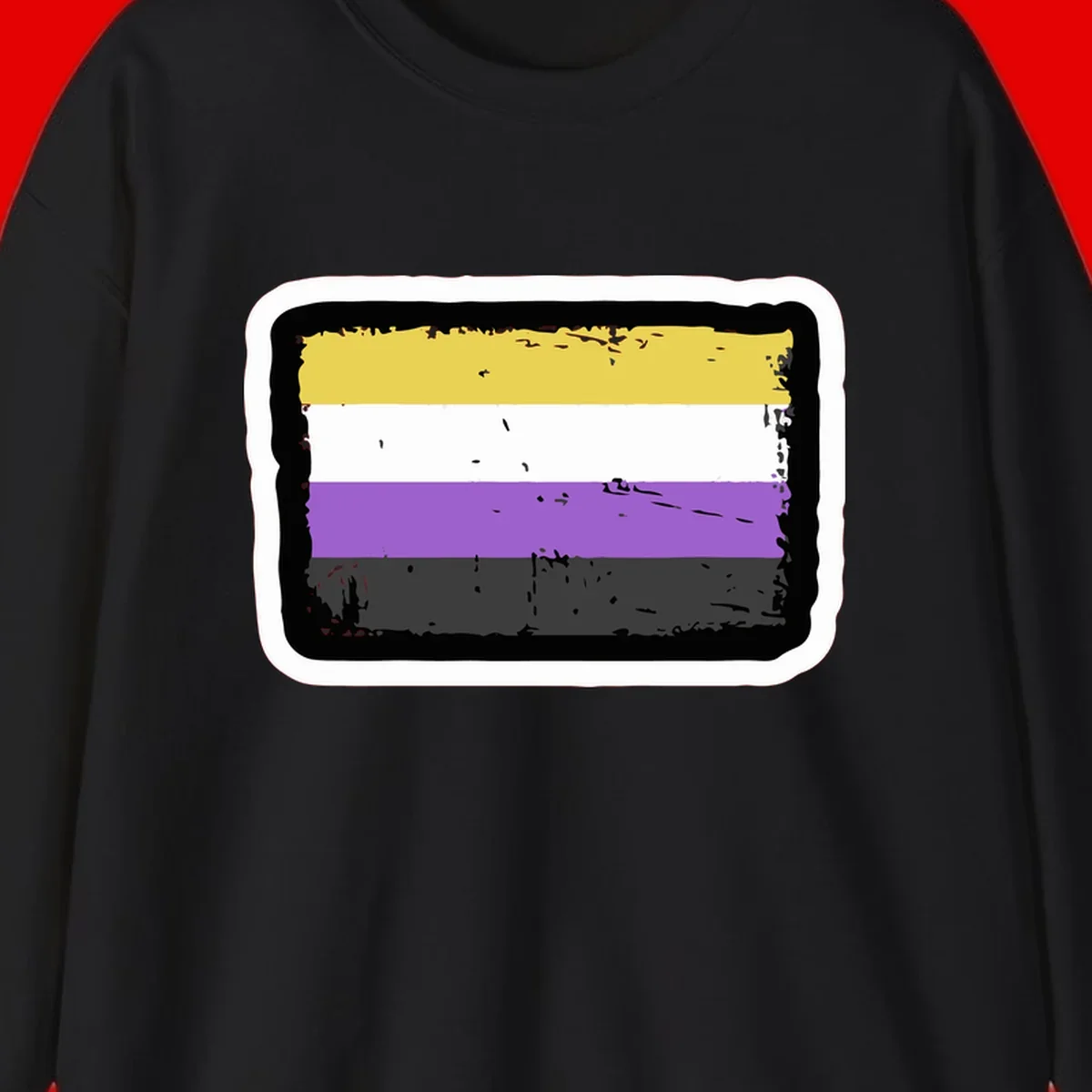 Nonbinary pride flag design with yellow, white, purple, and gray horizontal stripes in distressed grunge style