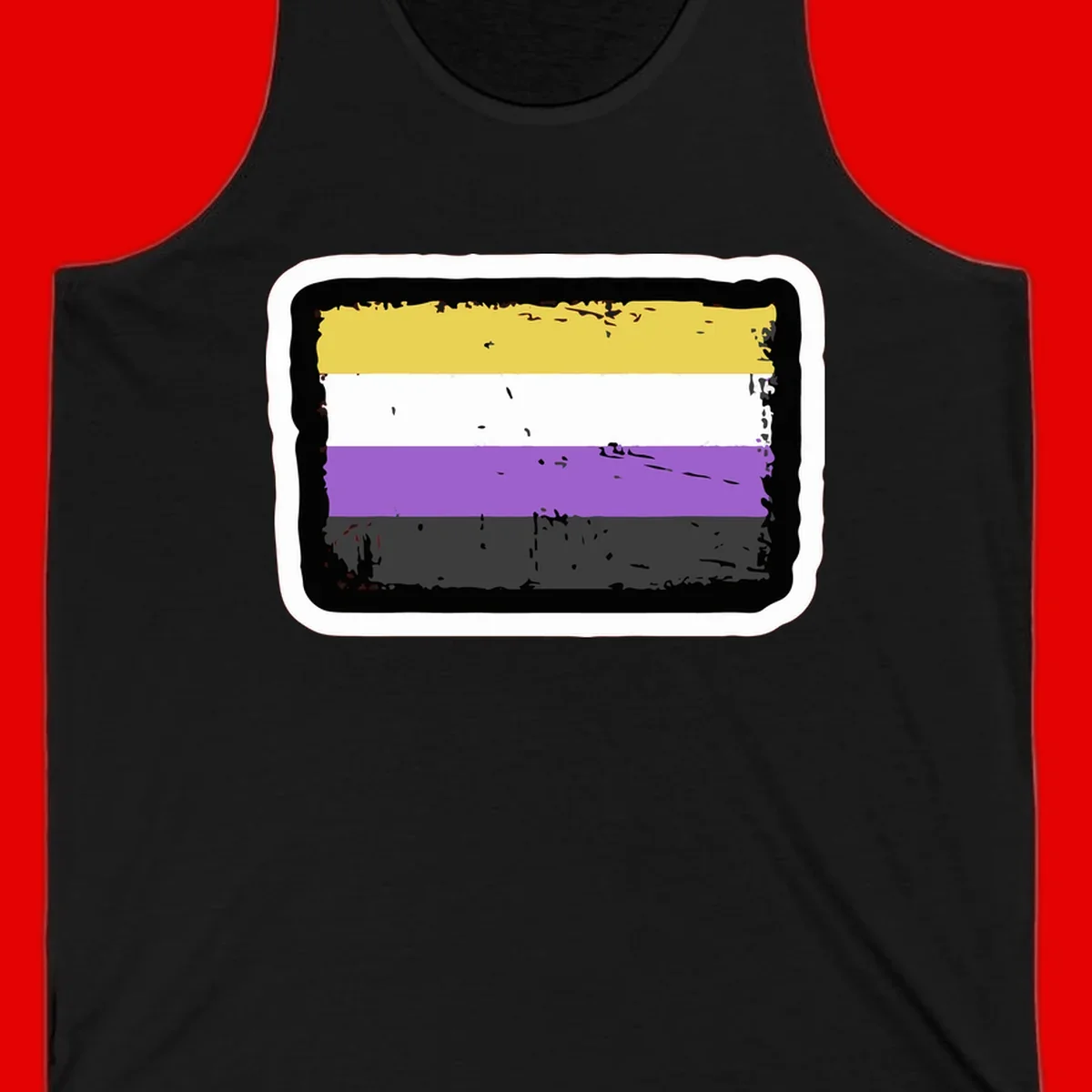Nonbinary pride flag design with yellow, white, purple, and gray horizontal stripes in distressed grunge style