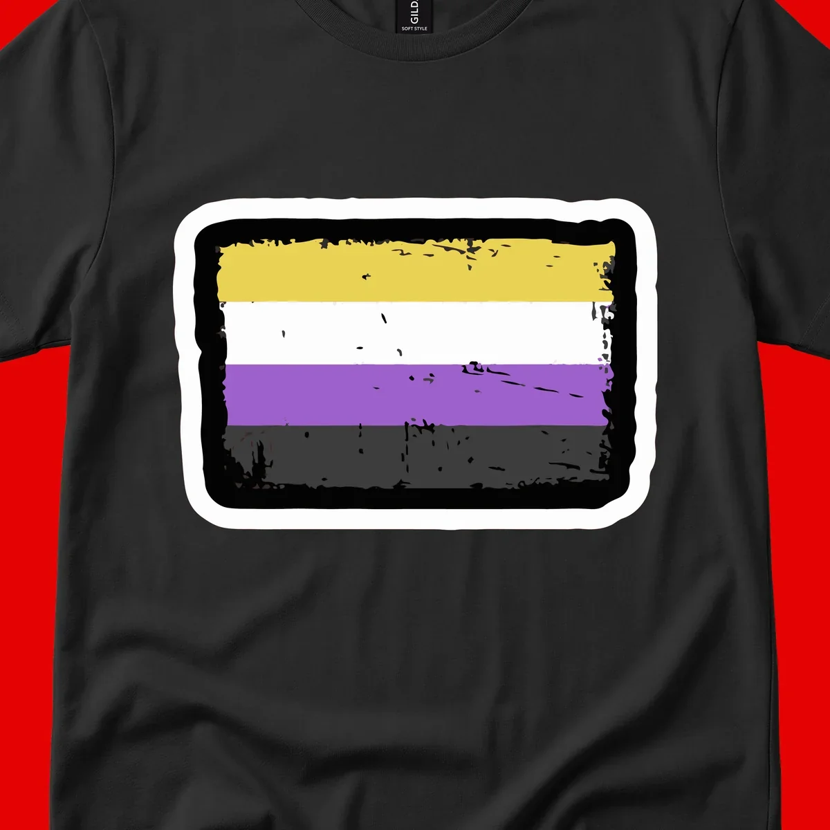 Nonbinary pride flag design with yellow, white, purple, and gray horizontal stripes in distressed grunge style