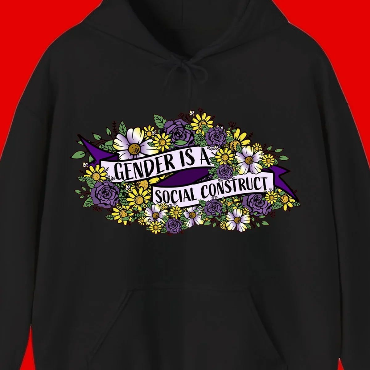 Colorful floral illustration with purple roses and yellow daisies surrounding a banner reading 'Gender Is A Social Construct' in bold text.
