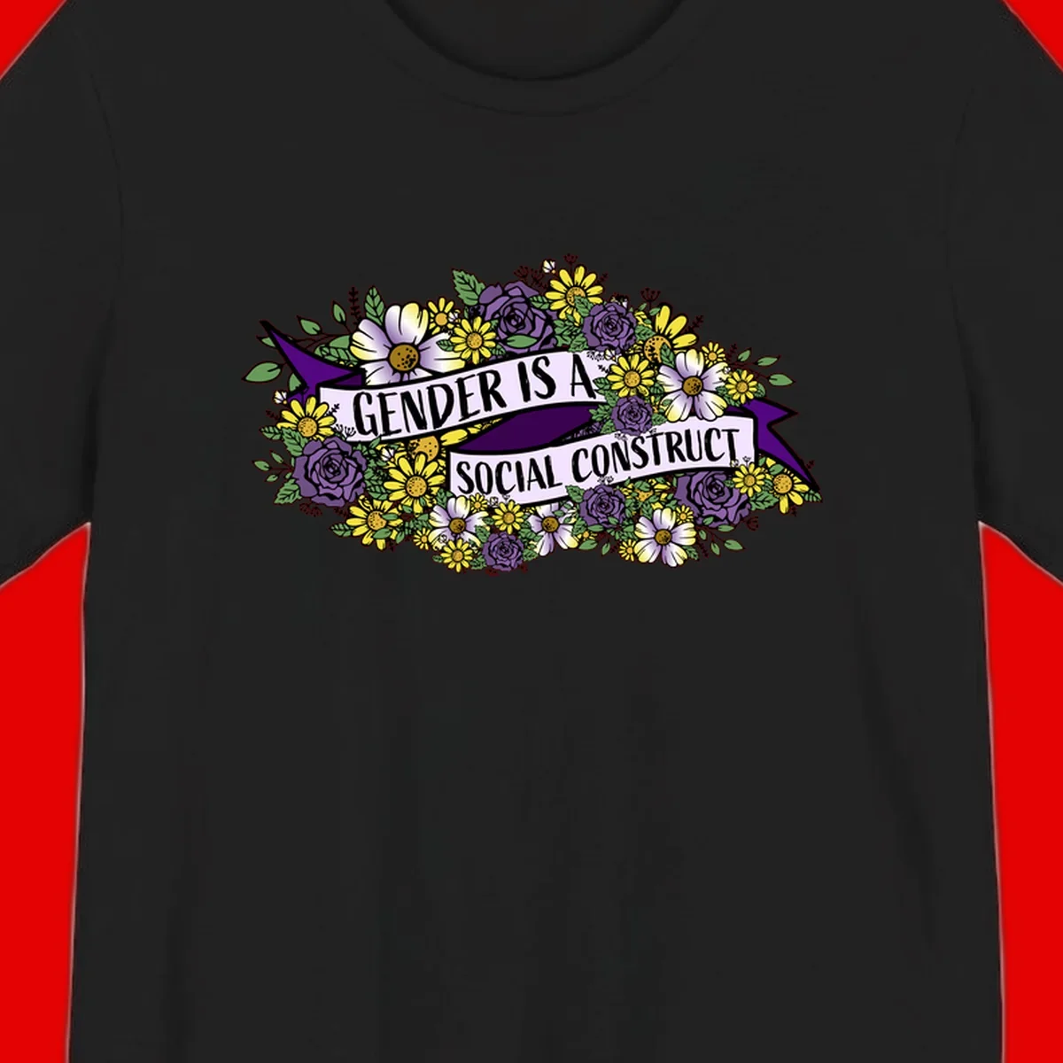 Colorful floral illustration with purple roses and yellow daisies surrounding a banner reading 'Gender Is A Social Construct' in bold text.