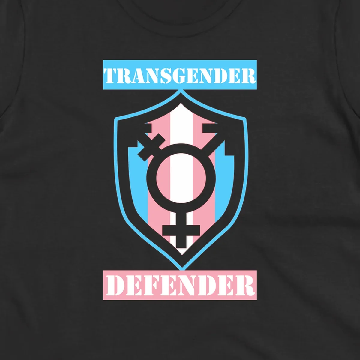 Transgender defender shield badge with centered symbol, protective arrows, and cyan-pink color scheme