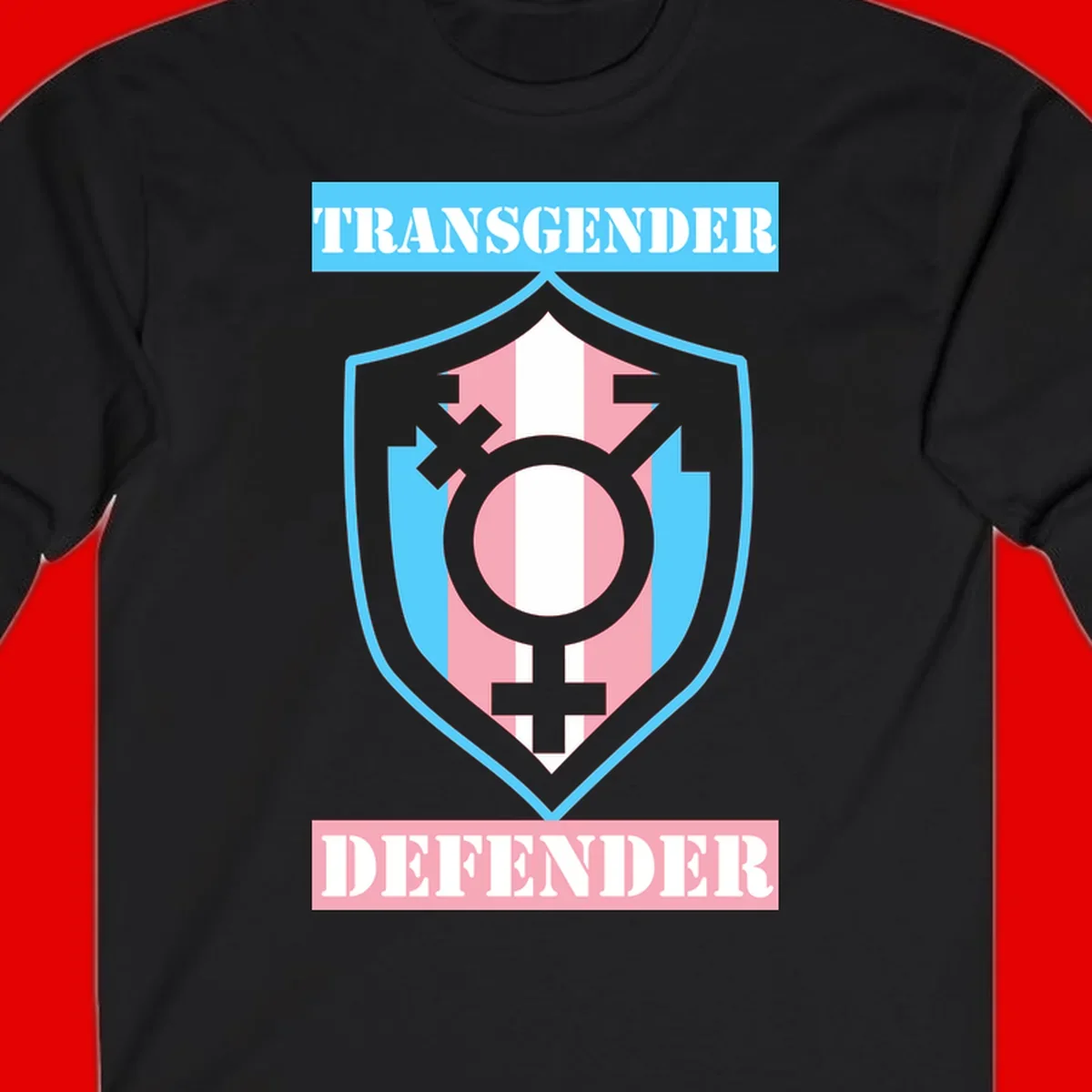 Transgender defender shield badge with centered symbol, protective arrows, and cyan-pink color scheme