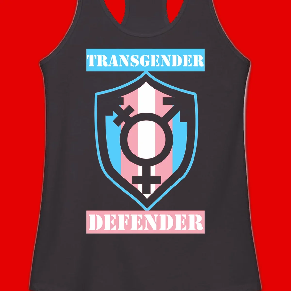 Transgender defender shield badge with centered symbol, protective arrows, and cyan-pink color scheme