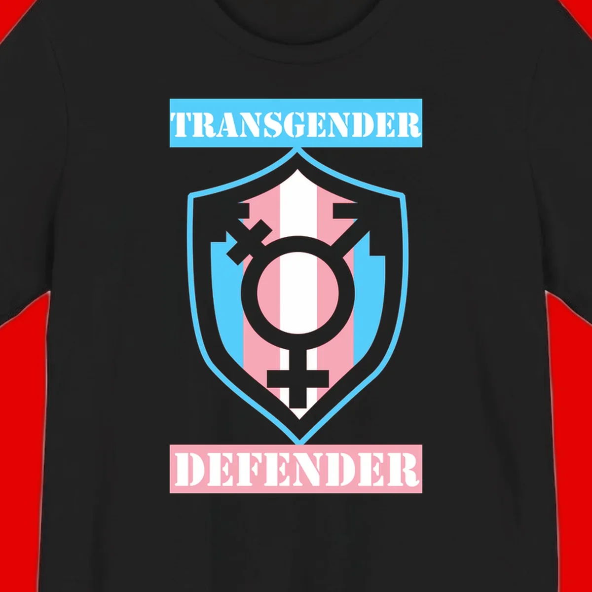 Transgender defender shield badge with centered symbol, protective arrows, and cyan-pink color scheme