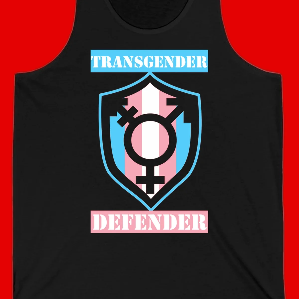 Transgender defender shield badge with centered symbol, protective arrows, and cyan-pink color scheme