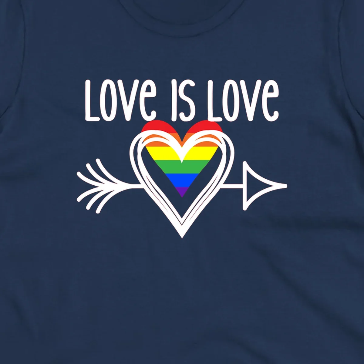 Love is love pride design featuring a white heart outline with rainbow-colored heart inside and decorative wing flourishes on gray background