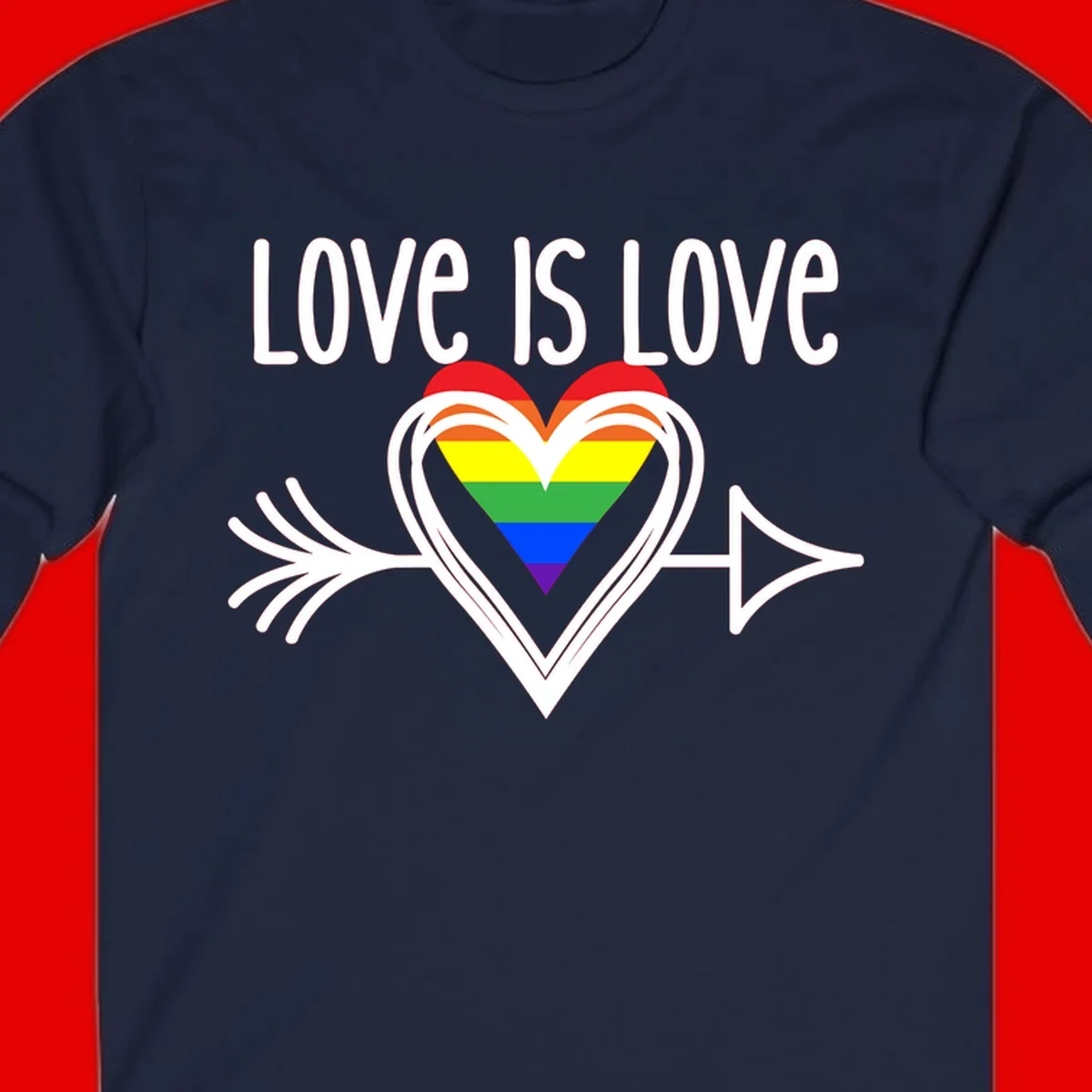 Love is love pride design featuring a white heart outline with rainbow-colored heart inside and decorative wing flourishes on gray background