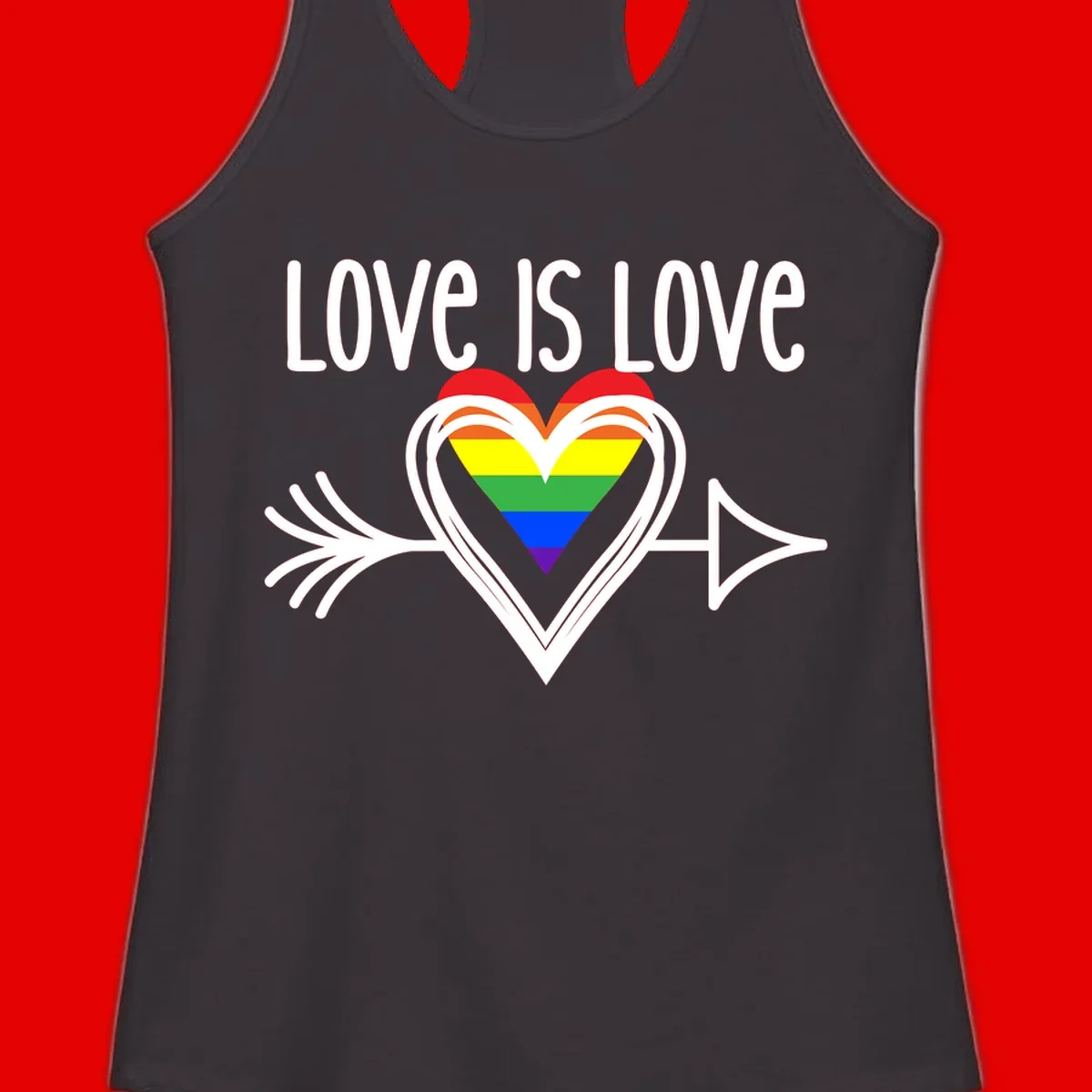 Love is love pride design featuring a white heart outline with rainbow-colored heart inside and decorative wing flourishes on gray background