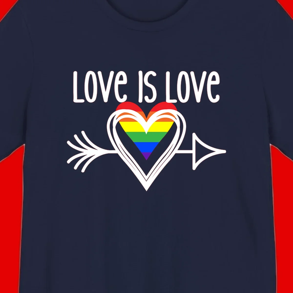 Love is love pride design featuring a white heart outline with rainbow-colored heart inside and decorative wing flourishes on gray background