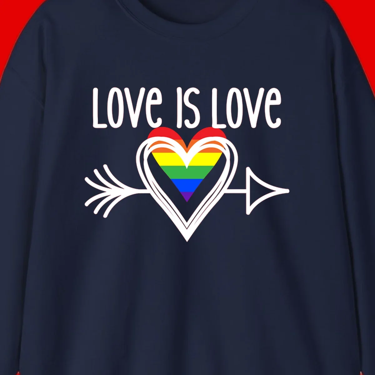 Love is love pride design featuring a white heart outline with rainbow-colored heart inside and decorative wing flourishes on gray background