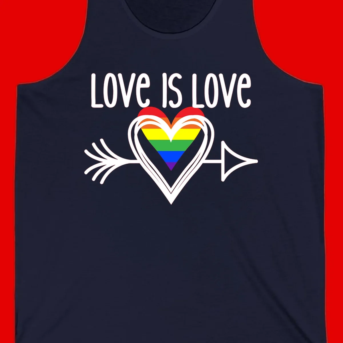 Love is love pride design featuring a white heart outline with rainbow-colored heart inside and decorative wing flourishes on gray background