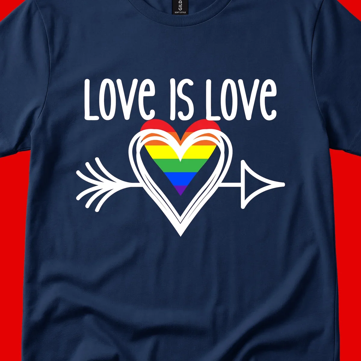 Love is love pride design featuring a white heart outline with rainbow-colored heart inside and decorative wing flourishes on gray background