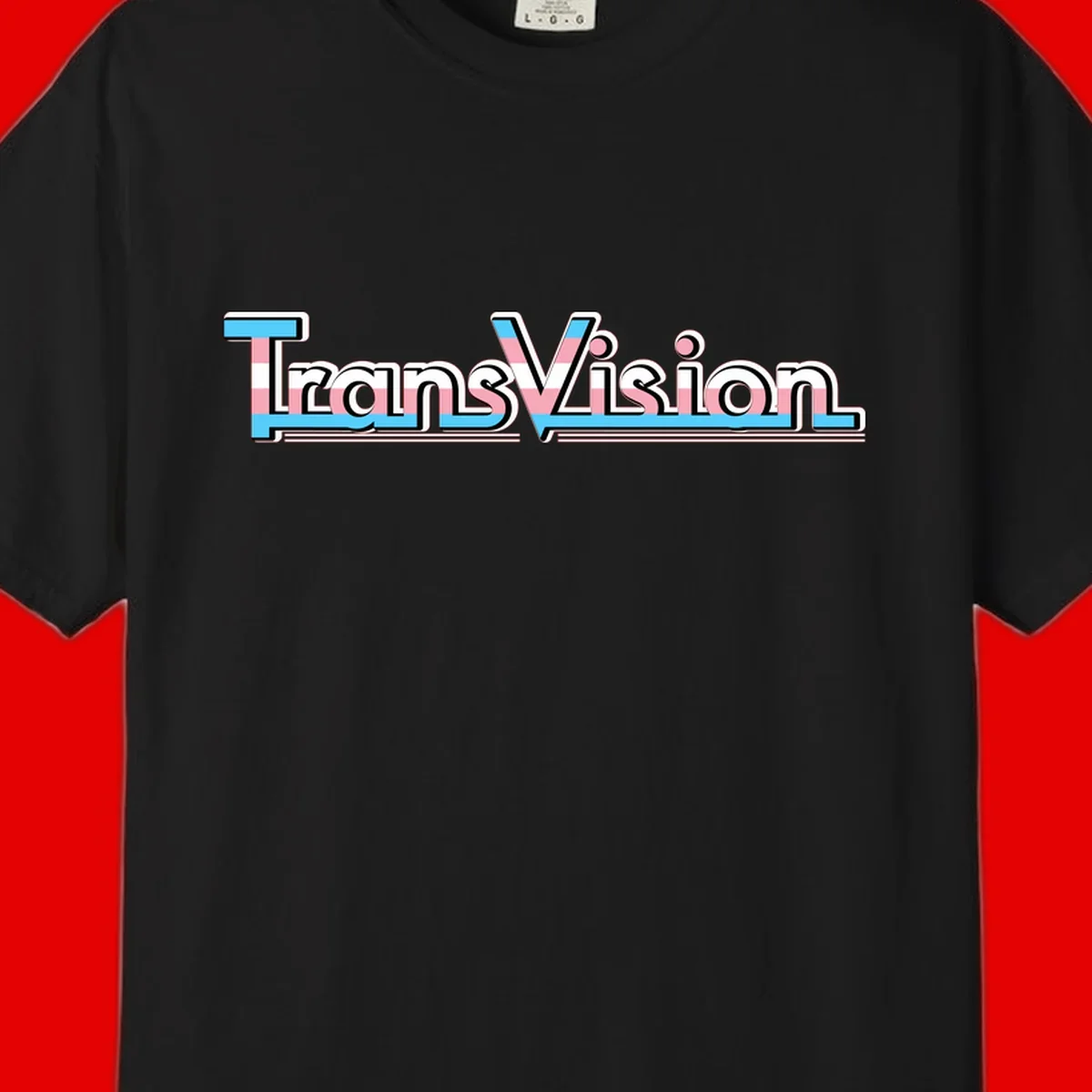 TransVision typography with transgender pride flag colors—cyan, pink, and white integrated into bold modern lettering
