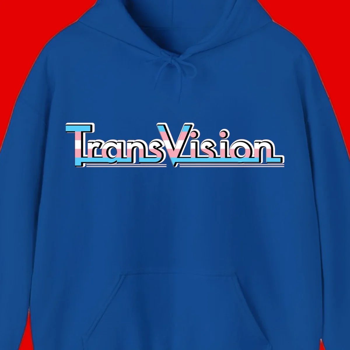 TransVision typography with transgender pride flag colors—cyan, pink, and white integrated into bold modern lettering