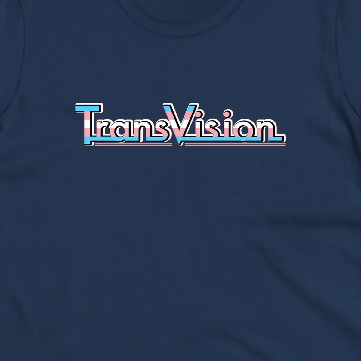 TransVision typography with transgender pride flag colors—cyan, pink, and white integrated into bold modern lettering