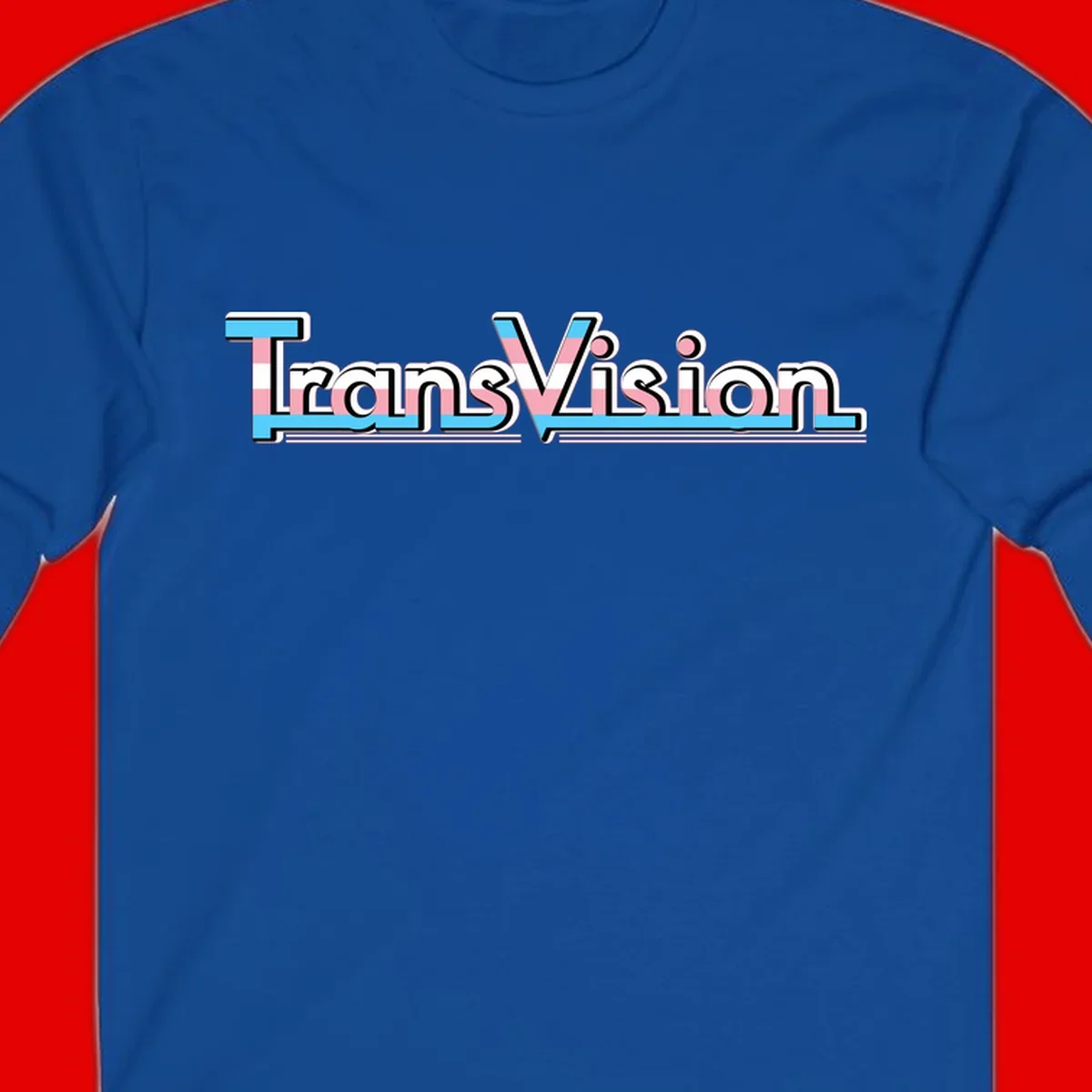 TransVision typography with transgender pride flag colors—cyan, pink, and white integrated into bold modern lettering