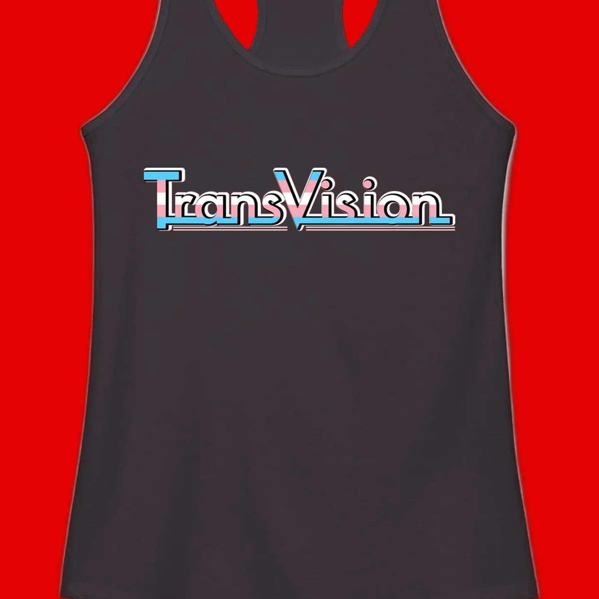 TransVision typography with transgender pride flag colors—cyan, pink, and white integrated into bold modern lettering