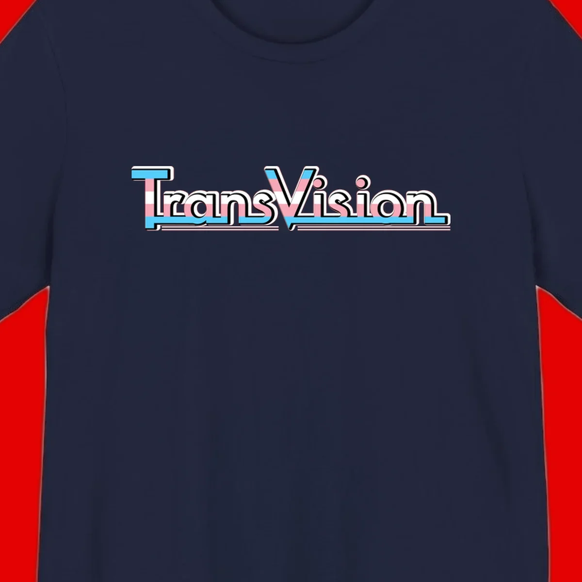 TransVision typography with transgender pride flag colors—cyan, pink, and white integrated into bold modern lettering