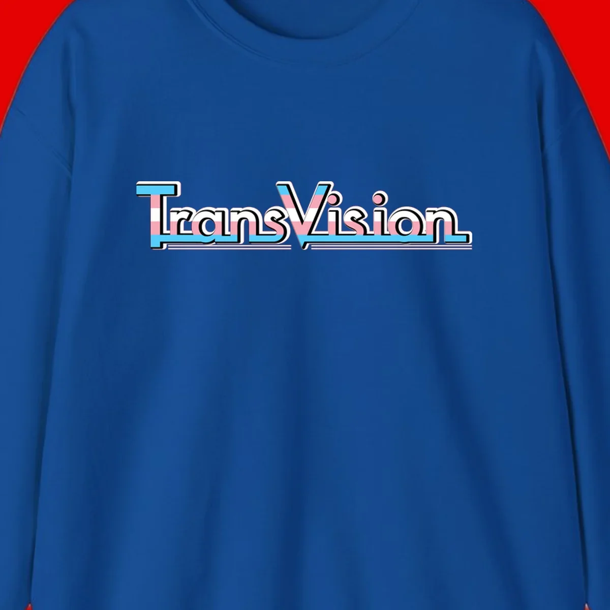 TransVision typography with transgender pride flag colors—cyan, pink, and white integrated into bold modern lettering