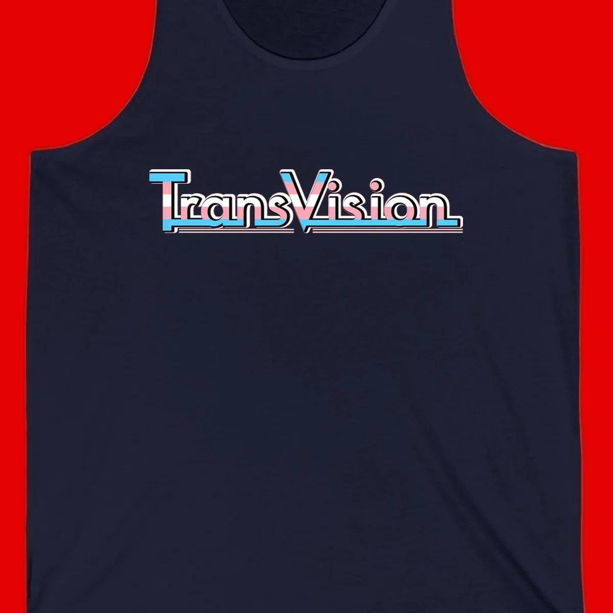 TransVision typography with transgender pride flag colors—cyan, pink, and white integrated into bold modern lettering