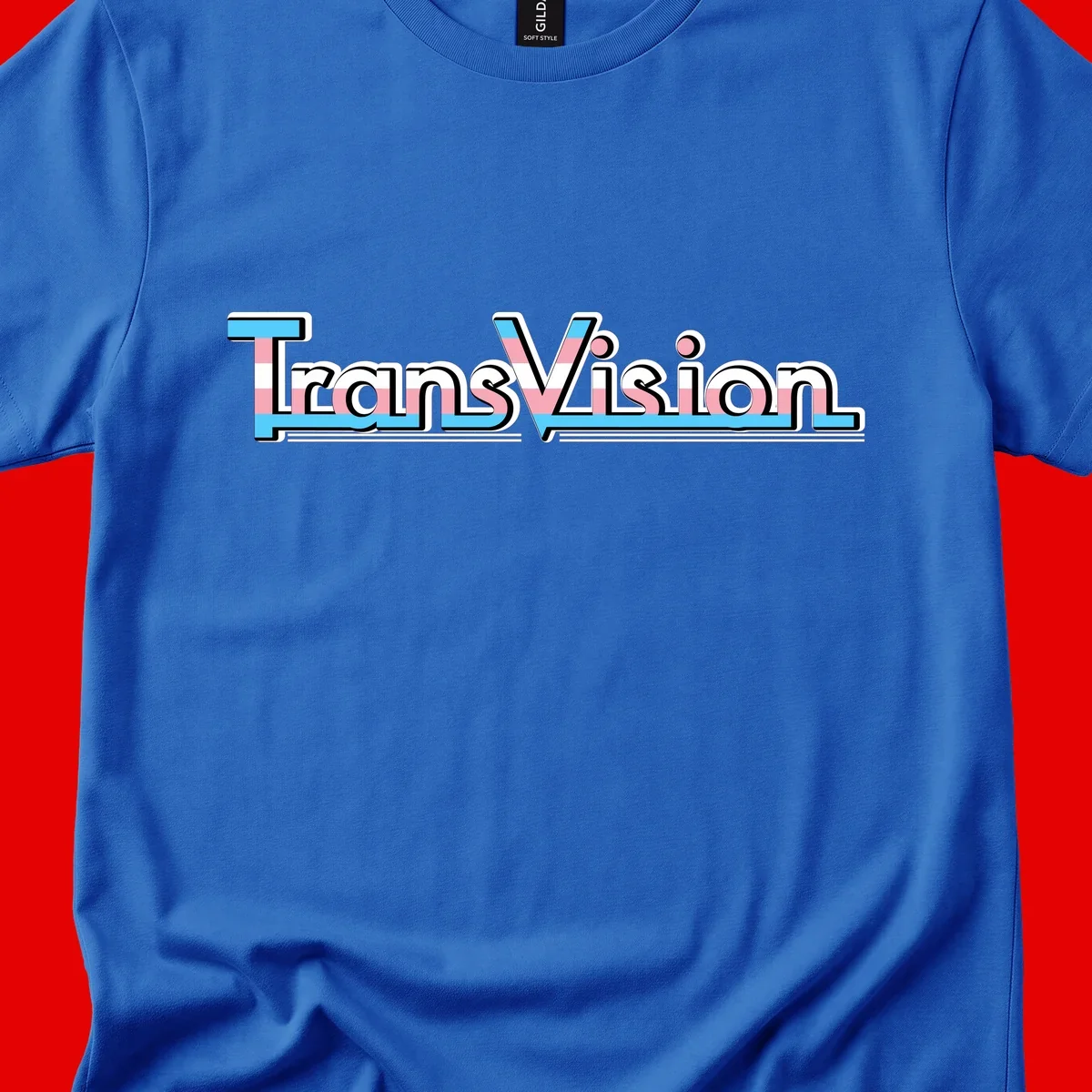 TransVision typography with transgender pride flag colors—cyan, pink, and white integrated into bold modern lettering
