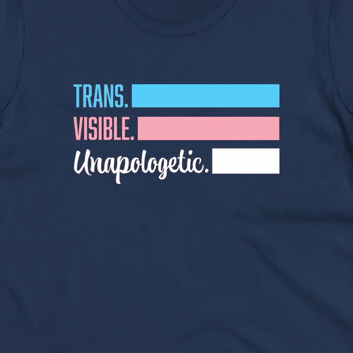 Trans visible unapologetic design with cyan, pink, white and gray horizontal stripes and layered typography