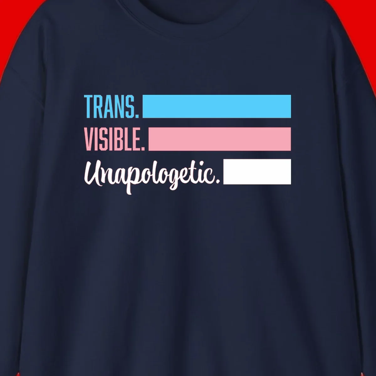 Trans visible unapologetic design with cyan, pink, white and gray horizontal stripes and layered typography