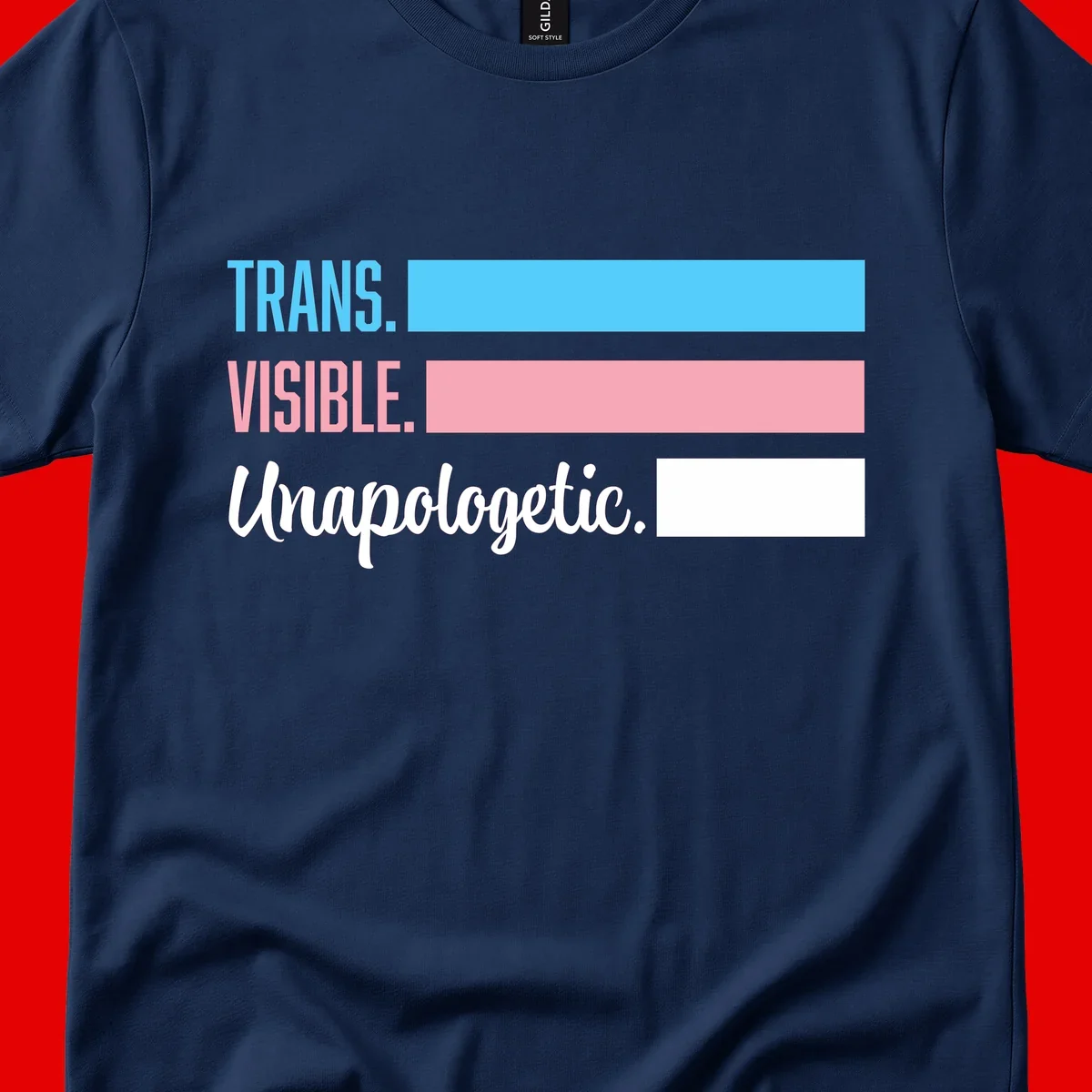 Trans visible unapologetic design with cyan, pink, white and gray horizontal stripes and layered typography