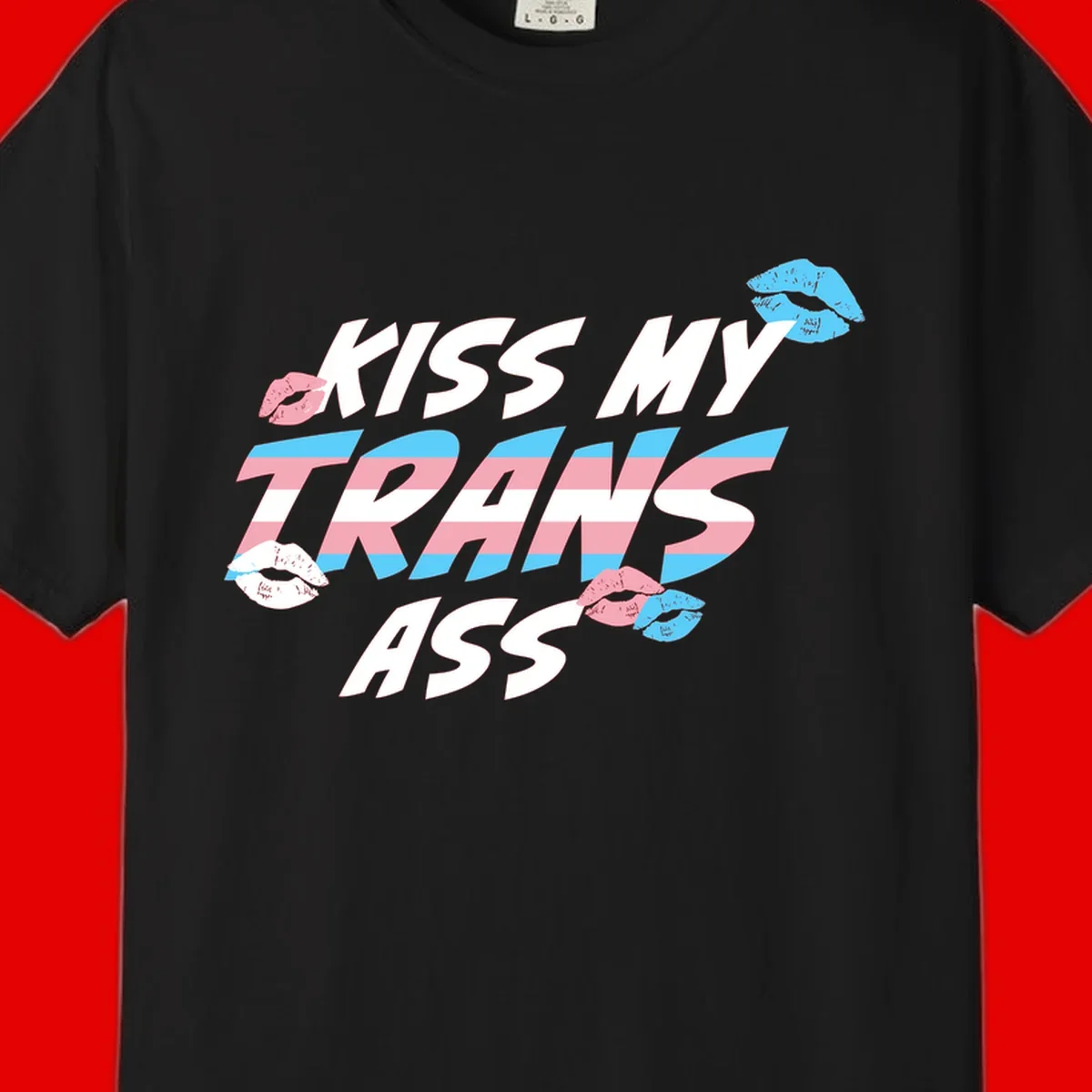 Kiss my trips ass design with trans flag striped text and colorful lip illustrations on gray background