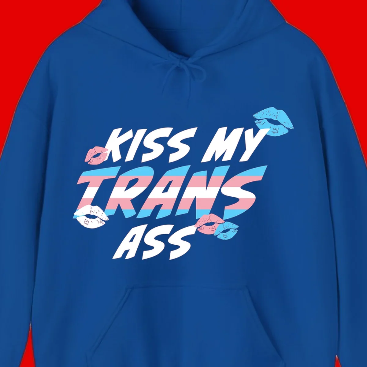 Kiss my trips ass design with trans flag striped text and colorful lip illustrations on gray background